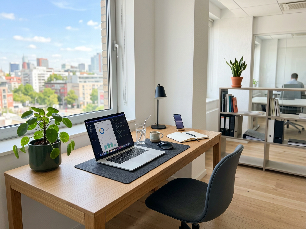 Office desk with laptop, notebook, glass of water, plant, and city view through window