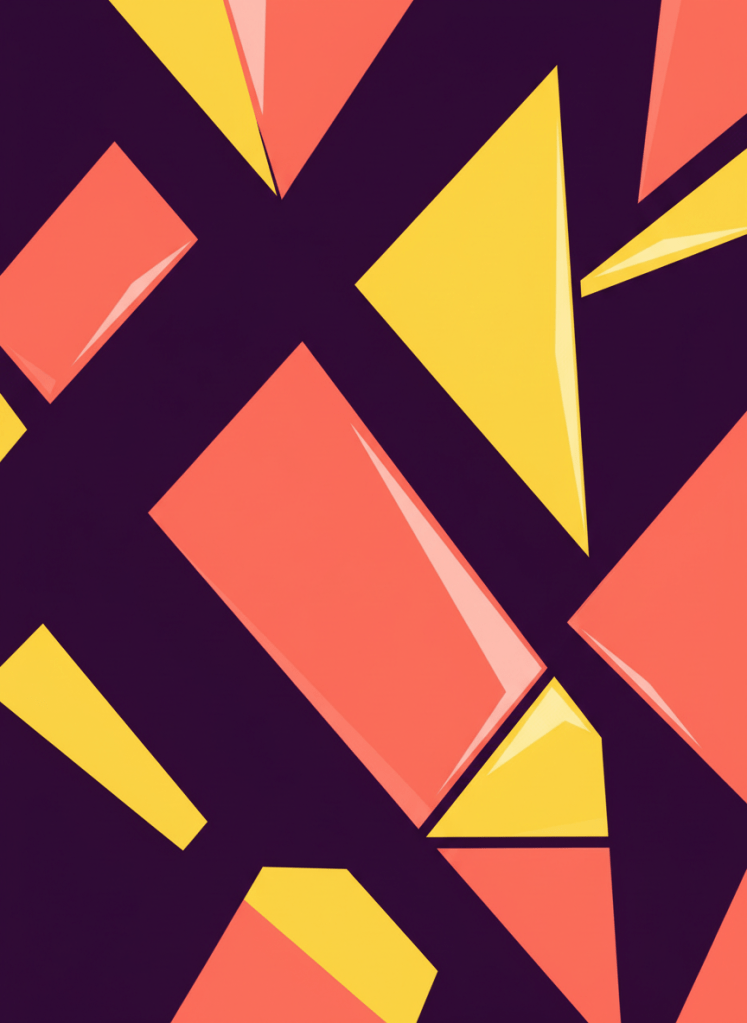 Bold abstract composition in deep plum, hot coral, and electric yellow jewel tones